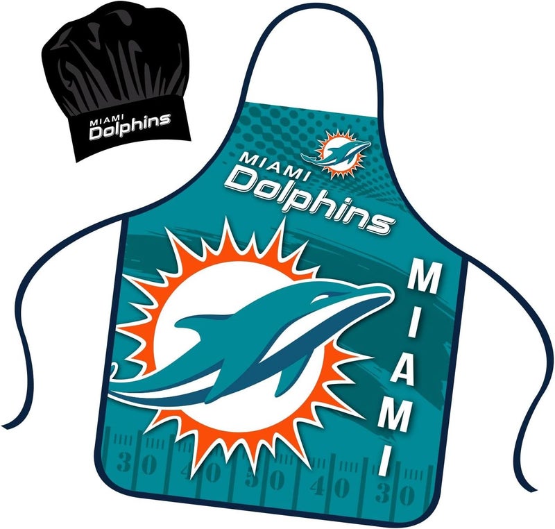 Mojo Licensing Miami Dolphins Apron Chef Hat Set Full Color Universal Size Tie Back Grilling Tailgate BBQ Cooking Host - Image 1
